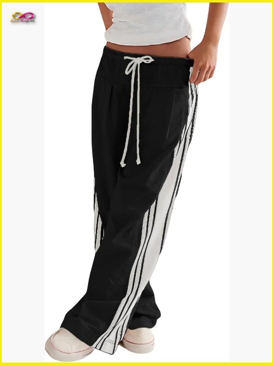 Pants - Wide Leg Palazzo Pants High Rise Drawstring Side Striped Slouchy Casual